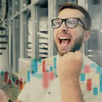 Excited day trader celebrates successful day on the stock market