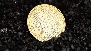 Filecoin coin on black gravel background