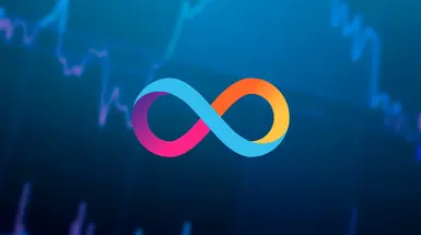 Internet Computer logo in front of a blue price graph