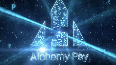 The Alchemy Pay logo in blue with a triangle shape on a blue space-age background with light through a prism The Alchemy Pay logo in blue with a triangle shape on a blue space-age background with light through a prism