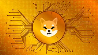 Illustration of shiba inu coin on a gold background