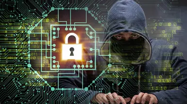 A padlocked circuit board with a hacker trying to access it A padlocked circuit board with a hacker trying to access it