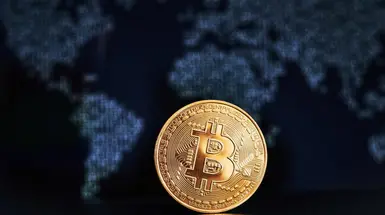 Single bitcoin on the world map Single bitcoin on the world map