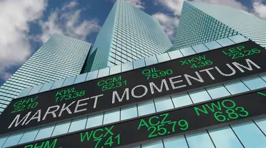 Market Momentum stock trends seen in a 3d illustration of Wall Street Skyline 