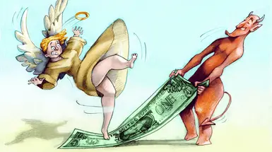 Image of devil pulling money from under the foot of angel – Photo: Shutterstock