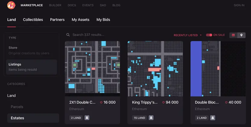 Скриншот маркетплейса Decentraland