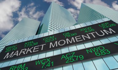 Market Momentum stock trends seen in a 3d illustration of Wall Street Skyline 