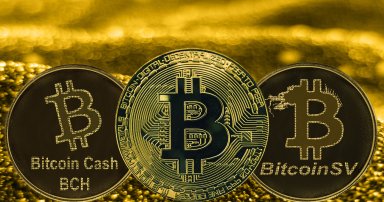 Illustration of bitcoin, bitcoin cash, and bitcoin SV