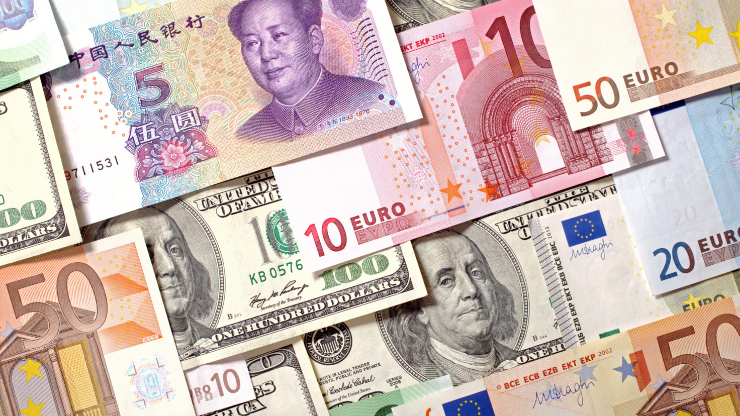 Montage of global currencies including the dollar, euro and the yuan