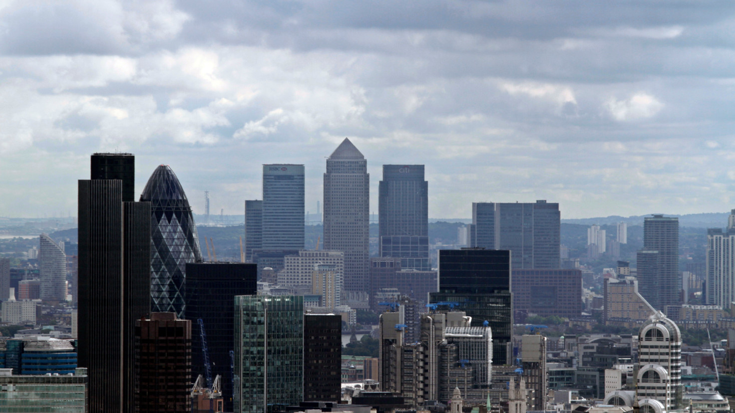 View of the City of London with Canary Wharf in the background